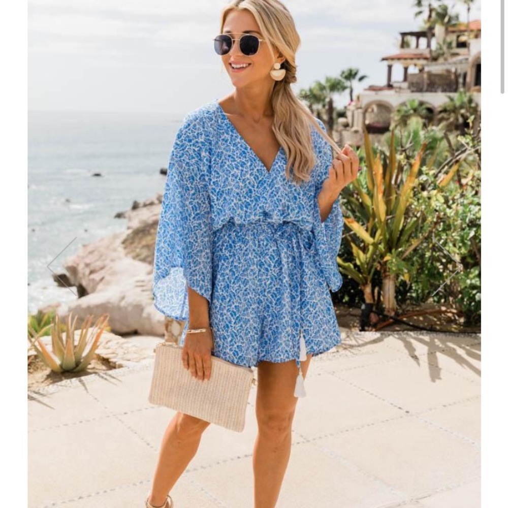 Pink Lily Blue and White Floral Jumpsuit